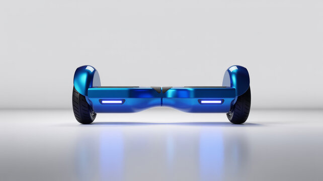Blue hoverboard with glowing blue LED lights on a reflective surface