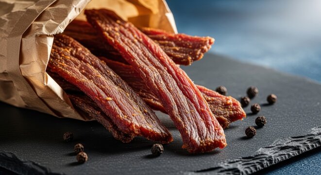 Artfully Arranged Beef Jerky Strips Bursting With Savory Flavor and Rich Texture