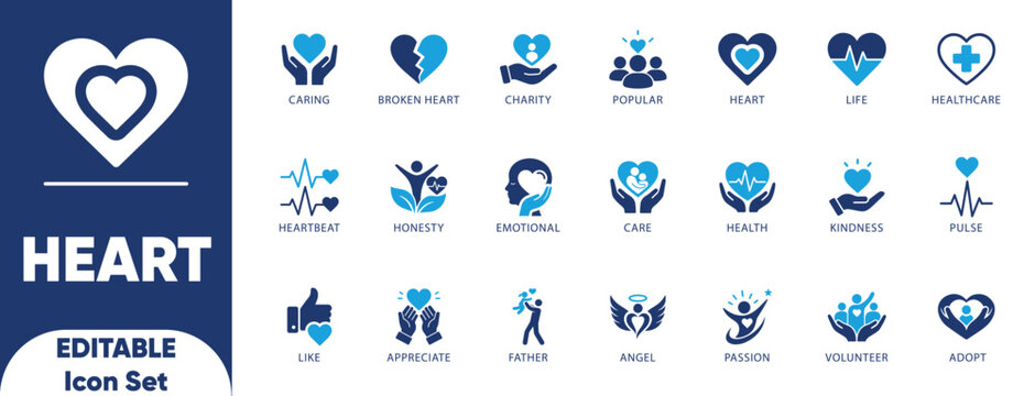 Heart Solid icon set. appreciate, caring, charity, heartbeat, honesty, kindness, organ, passion, illustration, and solid illustration. 