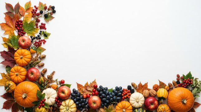 Thanksgiving day harvest border with pumpkins fruits and leaves