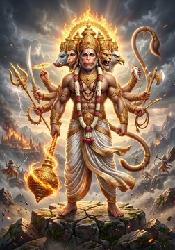Panchmukhi hanuman deity holding burning mace in epic divine battlefield scene
