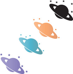Set of colorful planet icons with planetary rings and small stars, astronomy © md