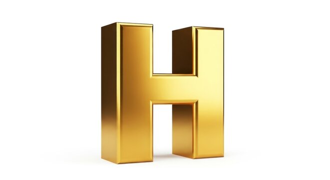 A shiny, gold-colored, three-dimensional letter H on a white background