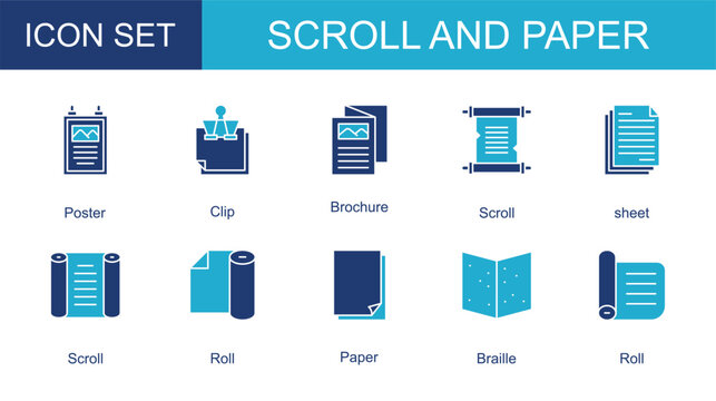 scroll and paper icon collection set. with Poster,Clip,Brochure,Scroll,sheet,Scroll,Roll