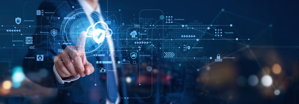 Cloud Security protects data hosted on remote servers. A safety engineer hand touch Cloud Security icon to block threats. This encrypted network layer is a vital online protection concept.