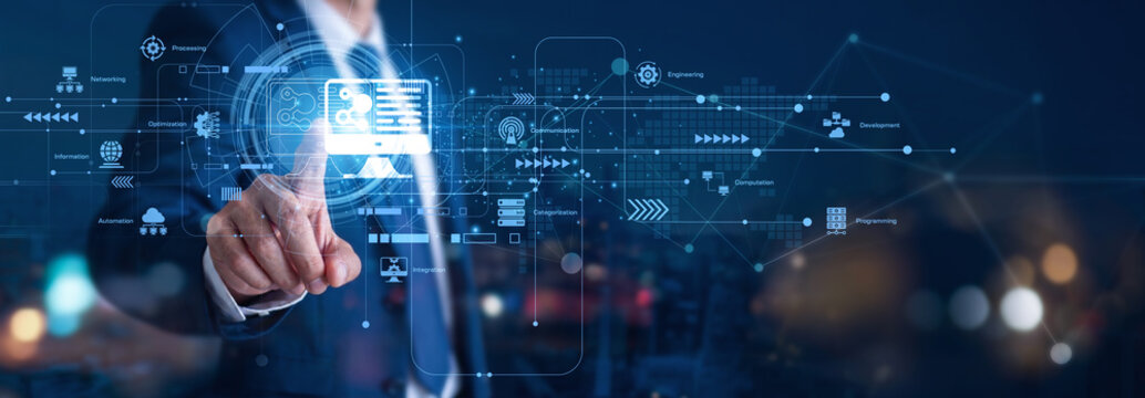 Computer Science explores the theory of computation. A software engineer hand touch Computer Science icon to write code. This logical network study is a fundamental technology concept.