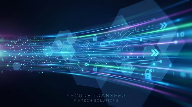 Abstract digital representation of secure data transfer with dynamic blue light trails and binary code.