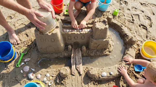 Adult and children hands, with sand fortress decorated with shells and moat, sculpting sand with colorful buckets on sunny beach, high angle lifestyle photography
