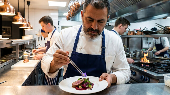 Professional male chef in white uniform, dark blue apron and culinary tweezers, adding edible flower decoration to plated meat, commercial restaurant kitchen, gourmet culinary photography
