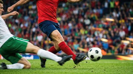 Naklejka premium Professional male soccer players in intense match action tackling for ball on green grass field stadium