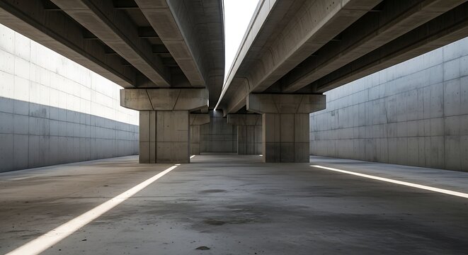 Empty square room with Cement elevated highway overpass. bridge infra structure.