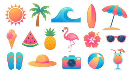 Fototapeta premium A vibrant summer beach icons set featuring vector illustrations of a sun, palm tree, umbrella, and sunglasses for tropical vacation and sea travel design
