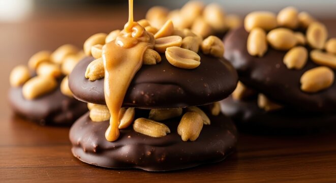 Mouthwatering chocolate cookies topped with roasted peanuts and drizzled with thick caramel sauce, perfect for a sweet treat.