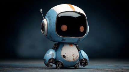 Fototapeta premium Cute ai robot character with friendly smile and expressive digital eyes, charming futuristic humanoid assistant standing in a clean modern environment, adorable artificial intelligence mascot represen