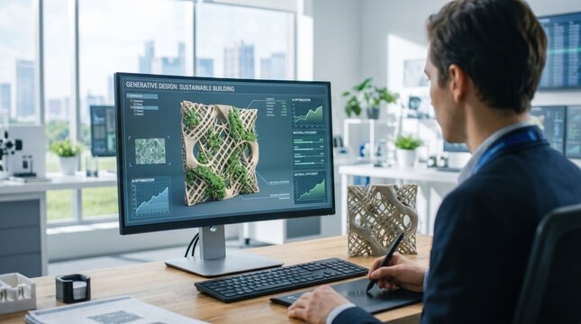 Architect using digital tablet and stylus to design generative sustainable building model on computer screen in bright modern studio workspace, featuring biophilic architecture
