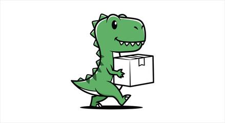 Cute green dinosaur carrying a cardboard box. © Rizky