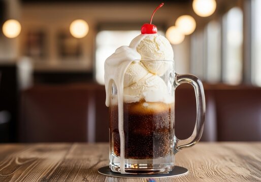 Rich and creamy root beer float topped with vanilla ice cream and a cherry on top, served in a glass mug