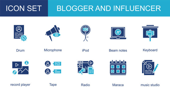 blogger and influencer icon collection set. with Drum,Microphone,iPod,Beam notes,Keyboard,record player,Tape