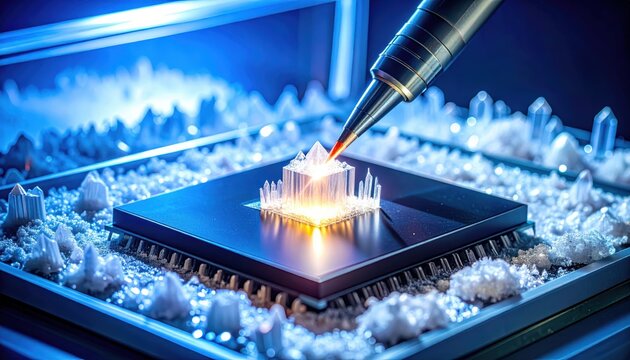 Microscopic crystalline structure growing on a high-tech silicon chip during advanced scientific fabrication
