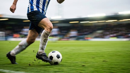 Fototapeta premium Close up of a male soccer player dribbling a ball on a professional grass pitch during a competitive match
