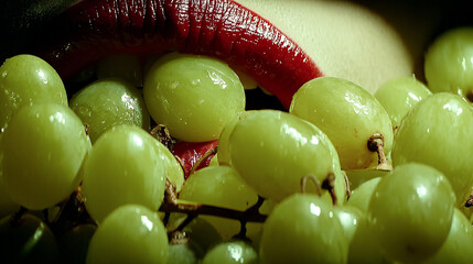 Close up of ripe green grapes with red fruit glaze or sauce drizzle, delicious