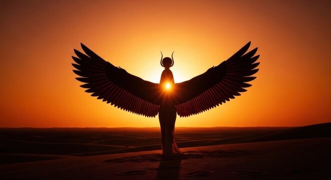 Egyptian Winged Goddess Silhouette Against a Fiery Desert Sunset
