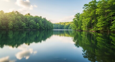 Obraz premium Serene Lake Reflection: Lush Green Forest and Calm Waterscape.