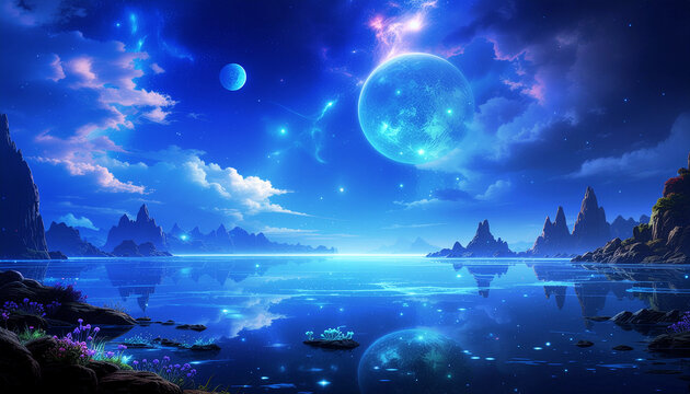 青い惑星が浮かぶ幻想的な湖畔の星空風景