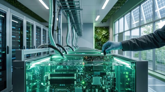 Technician servicing liquid immersion cooling system in green data center, sustainable cloud computing infrastructure