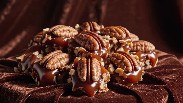 gourmet pecan pralines presented on rich brown velvet fabric, amber caramel gloss, toasted nut crowns, crumbed candy sides, luxurious textile folds, and moody celebration dessert styling scene