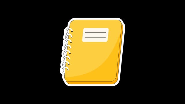 Seamless looping animation of a swinging yellow notebook with office and school stationery for back to school concepts. Flat style sticker design element isolated on transparent alpha channel