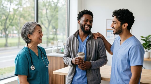 Diverse Healthcare Professionals Laughing Together in Hospital Breakroom During Coffee Break