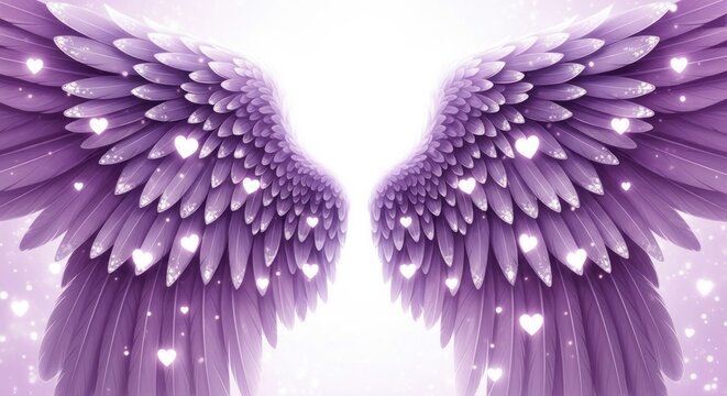 Ethereal Lavender Angel Wings Adorned with Glowing Hearts and Sparkles