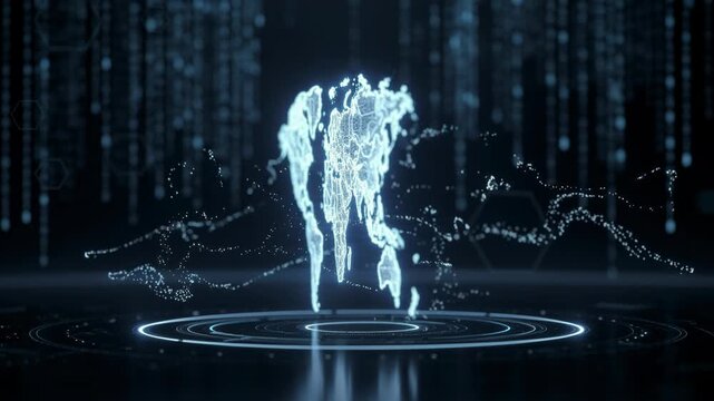 Futuristic digital glowing world map with technology and global connection concept