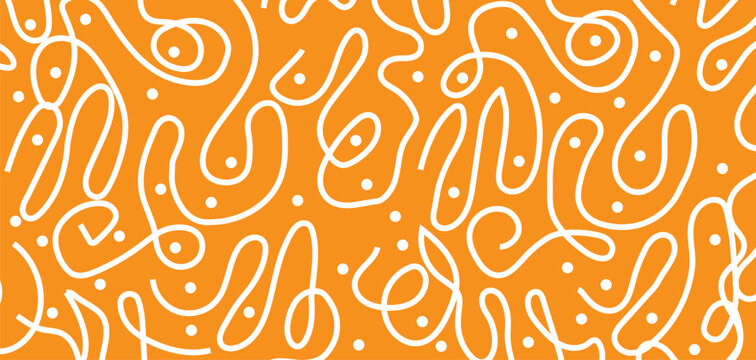 Abstract seamless pattern with continuous tangled white lines and dots on orange background vector illustration