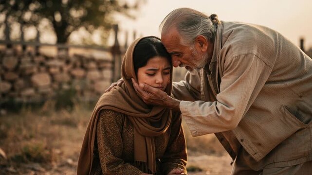Emotional moment of elderly man comforting young woman with tears outdoors in warm natural light