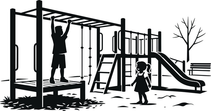 Children Playing on Playground Equipment Silhouette Illustration Featuring Monkey Bars Slide and Outdoor Park Scene