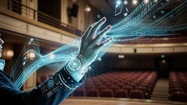 Futuristic digital music wave flowing from hand in concert hall with holographic notes and technology