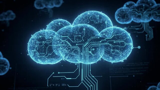 Futuristic digital cloud computing technology with glowing circuit board design on dark background
