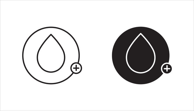 Modern water drop icon collection featuring add symbol variations in outline, black solid, and blue styles. Ideal for water management applications, fluid systems, environmental projects, hydration tr