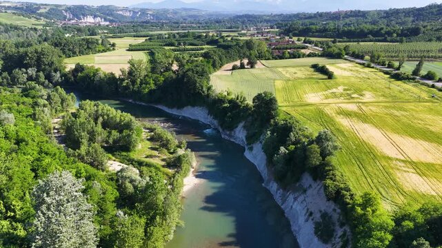 Aerial View of Tanaro River Winding Through Piedmont Valley Landscape