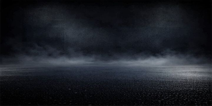 Dark, smoky atmosphere with dramatic lighting over a textured asphalt surface, creating a moody and mysterious ambiance.