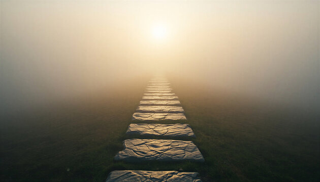 Enigmatic stone path ascends through dense morning fog towards a guiding light on a journey of discovery