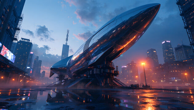 Futuristic rocket launching at dusk over illuminated modern cityscape with dramatic clouds