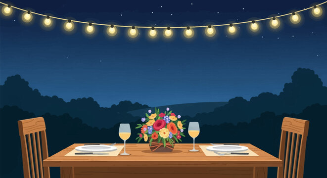 Vector illustration of an outdoor dinner setting for two under a starry night sky with hanging string lights, flower bouquet, wine glasses, and plates on a wooden table.