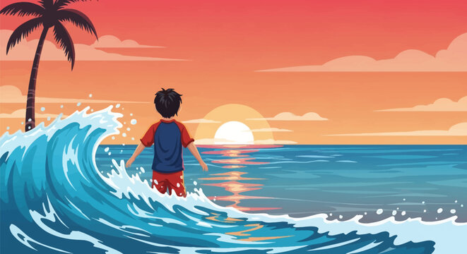 Vector illustration of a young boy with dark hair standing in ocean water watching a sunset on a tropical beach with a large turquoise breaking wave and a silhouetted palm tree.
