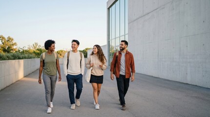 Obraz premium Diverse Group of Young Adult University Students Walking Together on Campus Outdoors