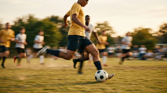 Young Black Male Soccer Player Dribbling Ball During Competitive Amateur Match on Grass Field at Sunset