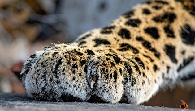 Close-up of a leopard's paw showing its spotted pattern, sharp claws, and fuzzy texture against blurred background
