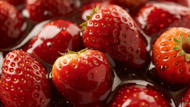 Fresh ripe strawberries immersed in liquid with glossy red vibrant texture close up